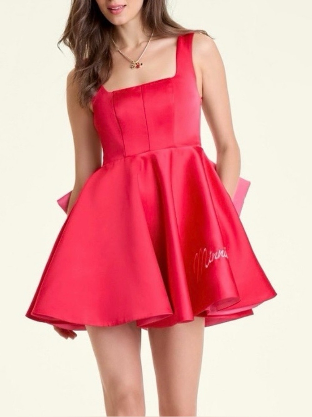 Disney Red & Pink Satin Fit & Flare Square Neck Dress extra large removable bow